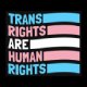 The text 'Trans rights are human rights' in all-caps, laid out to form a trans rights flag with alternating blue, pink, and white stripes.
